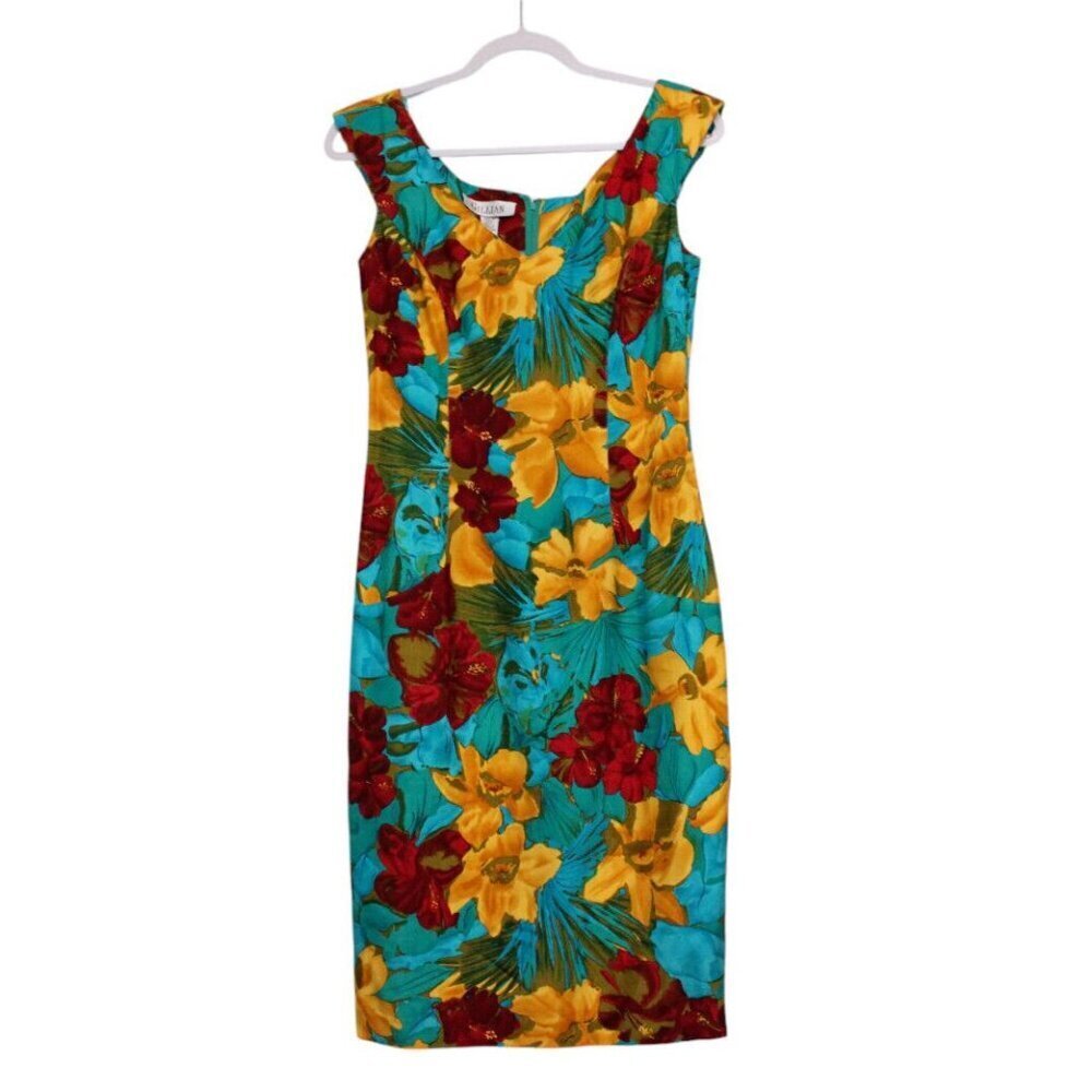 Vintage 80s Gillian Sheath Dress Size 8 Multicolor Floral 100% Silk Tropical